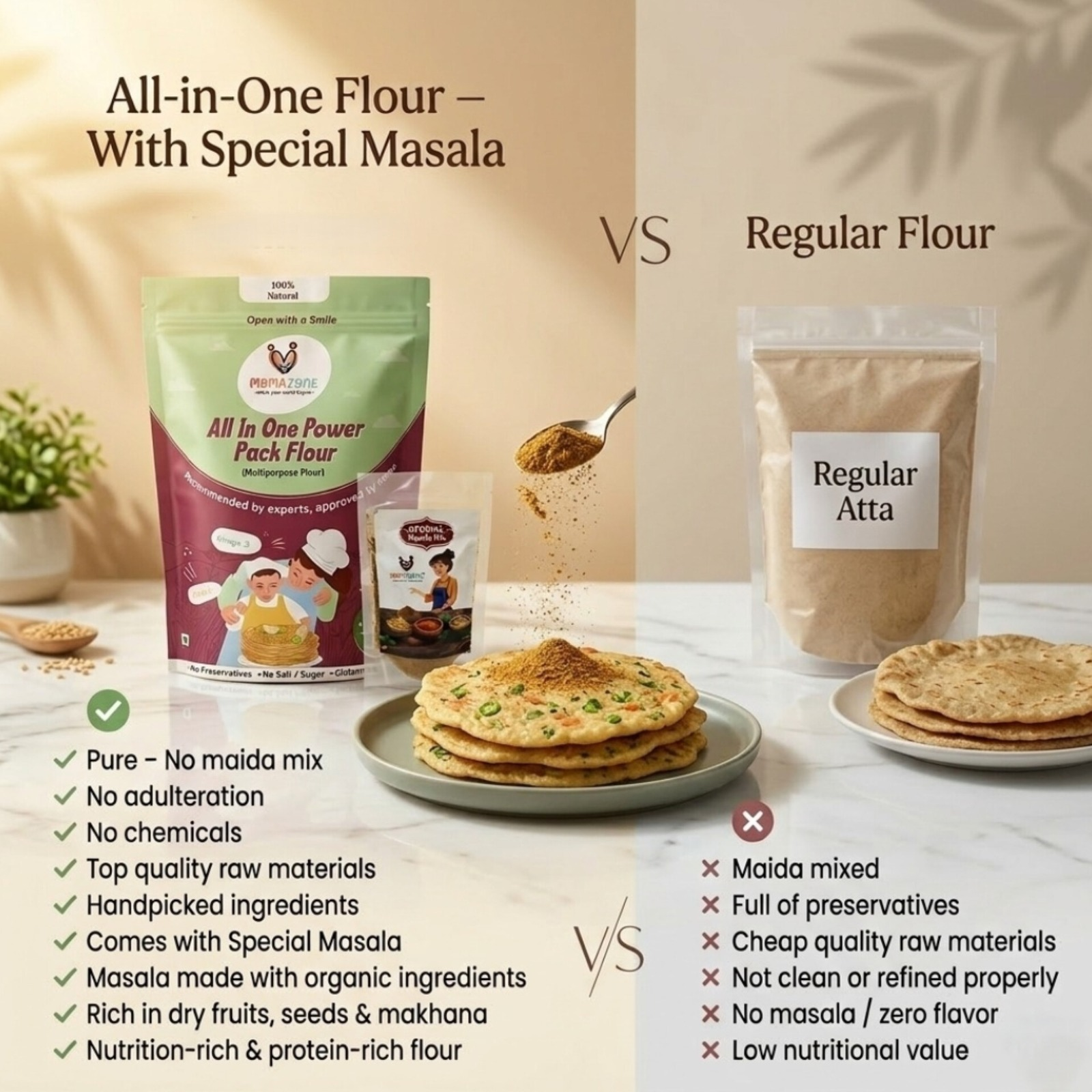 Momazone All in 1 Health Cheela Powder/ Flour  10 Dals, Makhana, Dry Fruits & Super Seeds for High-Protein Nutrition