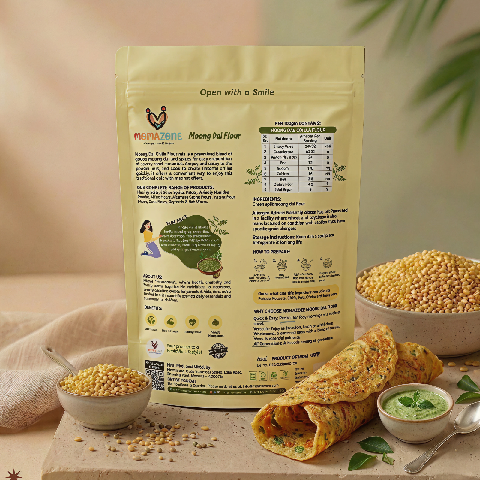 Momazone Premium Quality Moong Dal Chilla Flour Mix – 100% Natural & Protein Rich.( With Masala Sachet)