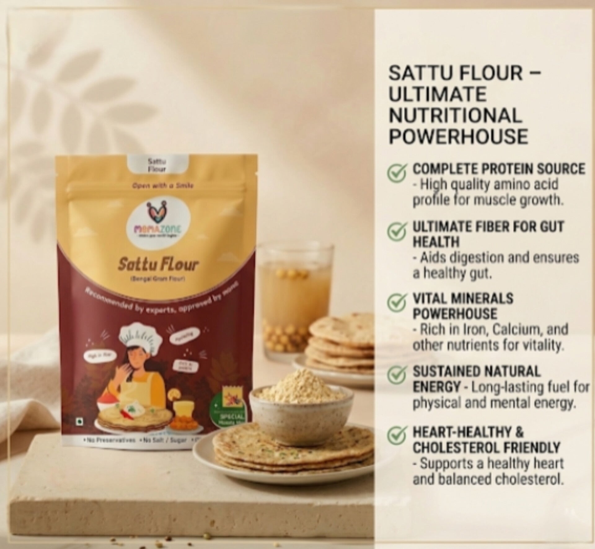 Momazone Organic Sattu Flour: (with SPECIAL MASALA SACHET)